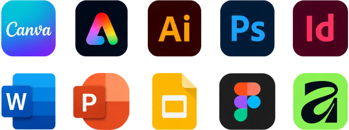 The programs Brand Standard works with: Canva, Adobe Express, Illustrator, Photoshop, InDesign, Word, PowerPoint, Google Slides, Figma and Affinity