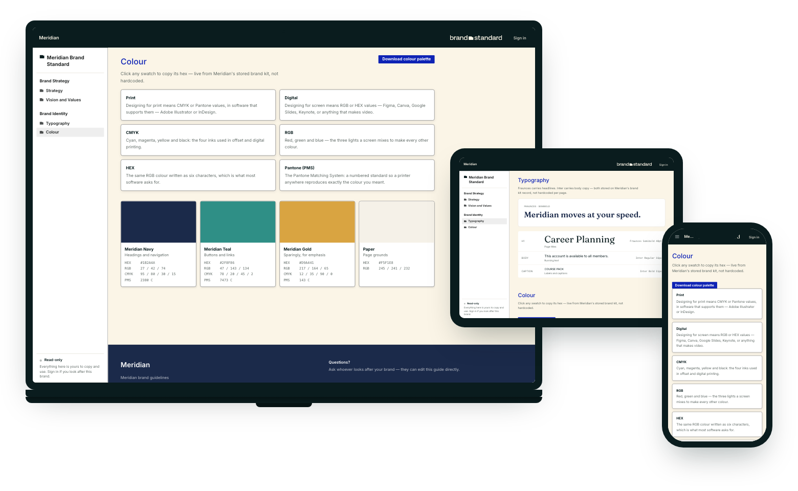 A brand hub open on a laptop, a tablet and a phone, showing the colour palette and type specimens